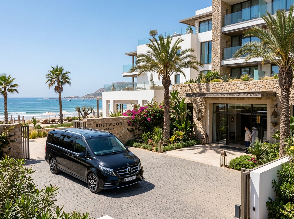 Mercedes Classe V haut de gamme garée devant un complexe hôtelier à Agadir